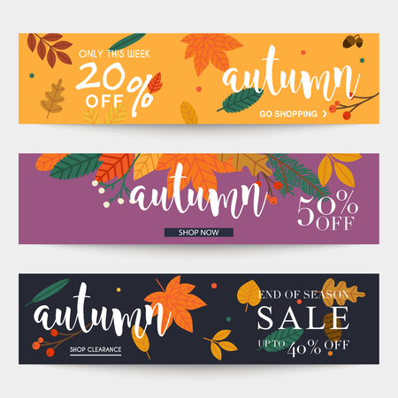 Set of autumn sale banners design, discounts and special offer. Shopping background, label for business promotion. Vector illustration.のイラスト素材