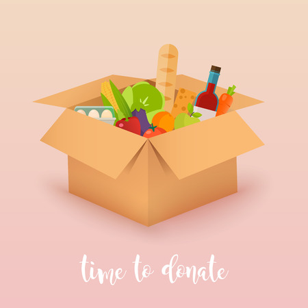 Time to donate. Food donation. Boxes full of food. Vector concept illustrations.のイラスト素材