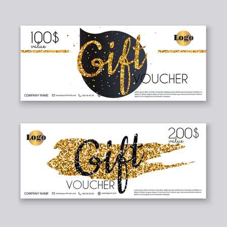 Voucher template with gold gift box,certificate. Background design coupon, invitation, currency. Vector illustration.のイラスト素材