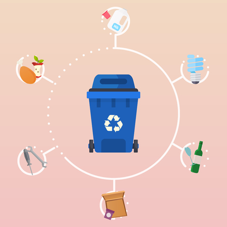 Recycle garbage bins. Waste types segregation recycling: organic, paper, glass waste. Flat design modern vector illustration concept.のイラスト素材