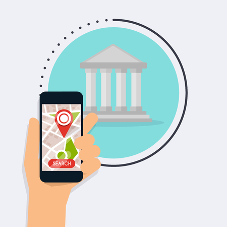 Hand holding mobile smartphone with app bank search. Vector modern flat creative info graphics design on search atm application.のイラスト素材