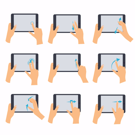 Hands holding a tablet touch computer gadget. Hand icons showing commonly used multi-touch gestures for touchscreen tablets. Flat design modern vector business concept.のイラスト素材