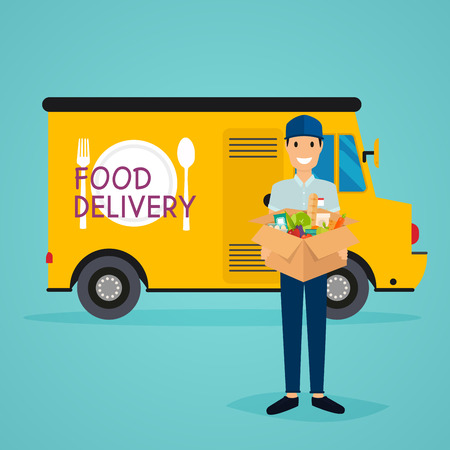 Delivery man and track. Food delivery. Flat design modern vector illustration concept.のイラスト素材