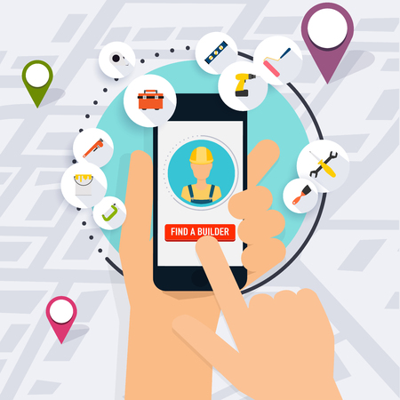 Hand holding mobile smart phone with application search builder. Builder and color tools for repair and home improvement. Flat design modern vector illustration concept.のイラスト素材