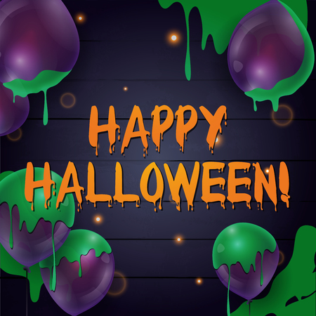 Happy Halloween. Banner with balloons on a dark wood background. Vector illustration.のイラスト素材
