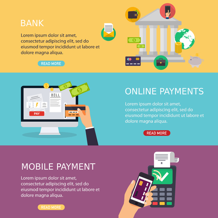 Flat design vector illustration concepts of online payment methods. Internet banking, purchasing and transaction, electronic funds transfers and bank wire transfer.のイラスト素材