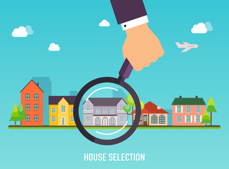 House selection. Magnifying glass with house. Concept for web banners, websites, infographics.のイラスト素材