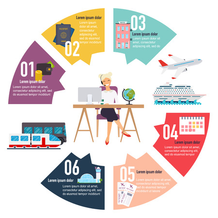 Travel concept infographic. Woman sitting at the table.Vacation booking airplane, cruise liner, train, auto. Flat design modern vector illustration concept.のイラスト素材