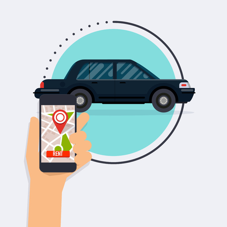 Hand holding mobile smart phone with app rent a car. Vector modern flat creative info graphics design on application.のイラスト素材