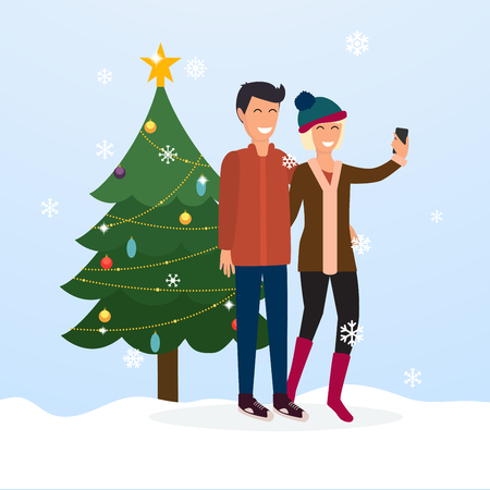 Young couple taking a selfie on the background of a Christmas tree. Cartoon man and woman. Concept of friendship and fun with new trends and technology. Vector people.のイラスト素材