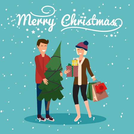 Young couple holding christmas tree and gifts, get shopping. のイラスト素材