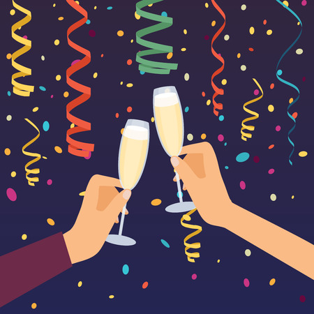 Hands holding champagne glasses, celebrating. Confetti on a background.のイラスト素材