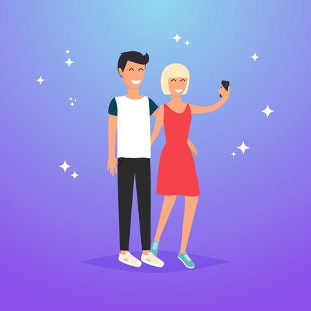 Young couple taking a selfie with phone. Cartoon man and woman. Concept of friendship and fun with new trends and technology. Vector people.のイラスト素材