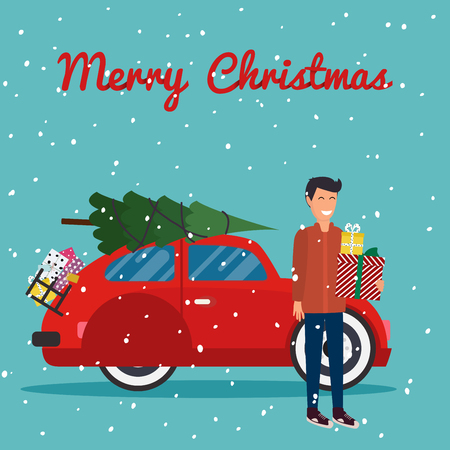 Man holding a box with gifts in hands. Retro red car with Christmas tree on the roof. Merry Christmas card.のイラスト素材