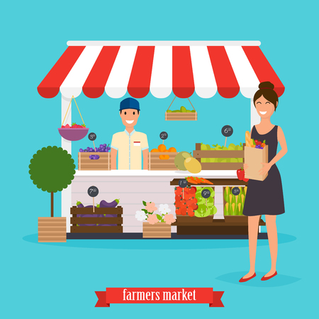 Farmers market. Woman  holds paper bag with healthy foods. Flat design modern vector illustration concept.のイラスト素材