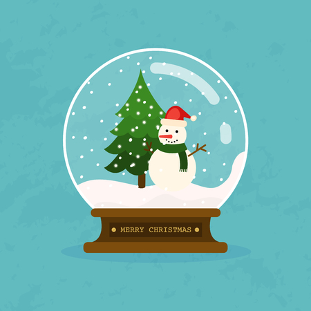 Merry christmas glass ball with snowman and tree. Flat design modern vector illustration concept.のイラスト素材