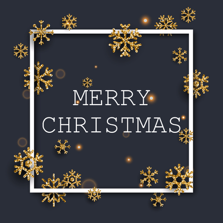 Christmas Greeting Card. Golden glitter snowflakes on dark background. Flat design modern vector illustration concept.のイラスト素材