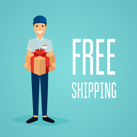 Free shipping business concept. Delivery man with a box. Flat design modern vector illustration concept.のイラスト素材