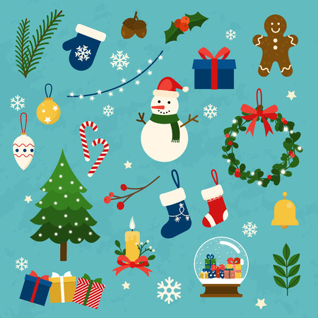 Vector collection of christmas items, elements and decorations. Flat design modern vector illustration concept.のイラスト素材