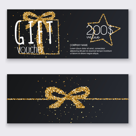 Voucher template with gold gift box, certificate. Background design coupon, invitation, currency. Vector illustration.のイラスト素材