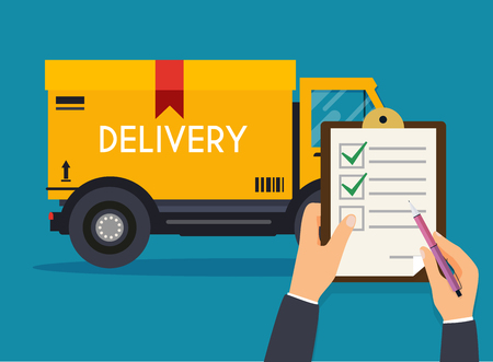 Hand holding clipboard with delivery tracking check.  Flat design modern vector illustration concept.のイラスト素材