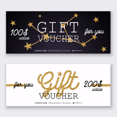 Voucher template with gold gift box, certificate. Background design coupon, invitation, currency. Vector illustration.のイラスト素材