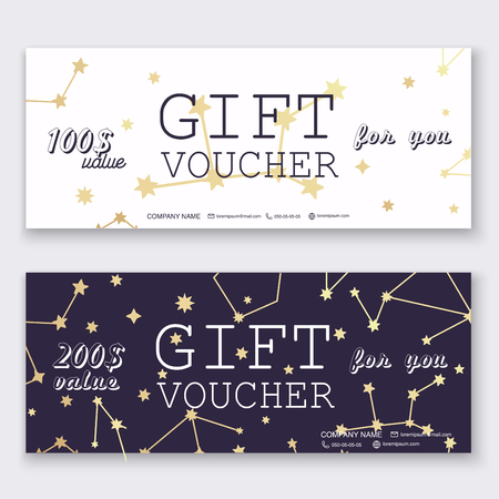 Voucher template with gold gift box, certificate. Background design coupon, invitation, currency. Vector illustration.のイラスト素材
