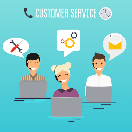 Operators of call center office working in headphones with laptop computer. Customer service design. Online support.のイラスト素材