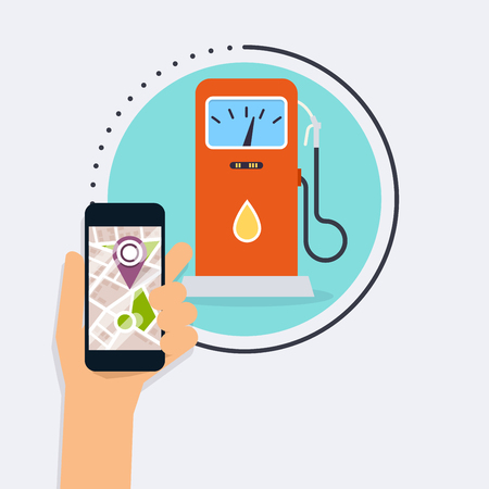 Hand holding mobile smart phone with application search gas station. Find closest on city map. Flat design style modern vector illustration concept.のイラスト素材