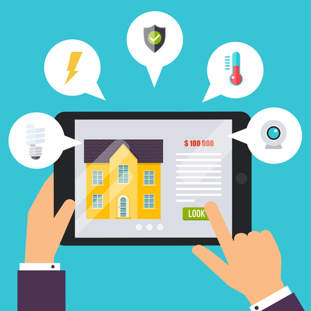 Home control application concept, smart house. Hand holding tablet with home control application. Technology system with centralized control.のイラスト素材