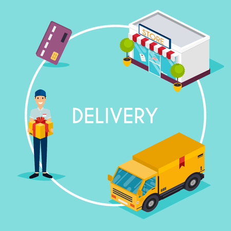 Flat 3d web isometric e-commerce, electronic business, online shopping, payment, delivery, shipping process, sales  infographic concept vector.のイラスト素材