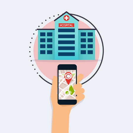 Hand holding mobile smart phone with application search hospital. Find closest on city map. Flat design style modern vector illustration concept.のイラスト素材