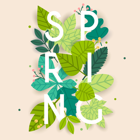 Spring text with Spring leafs on the background in flat design modern vector illustration concept.のイラスト素材
