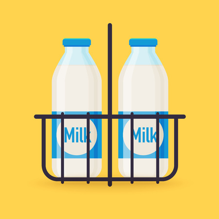 Classic milk bottles in wire carrier. Flat design modern vector illustration concept.のイラスト素材