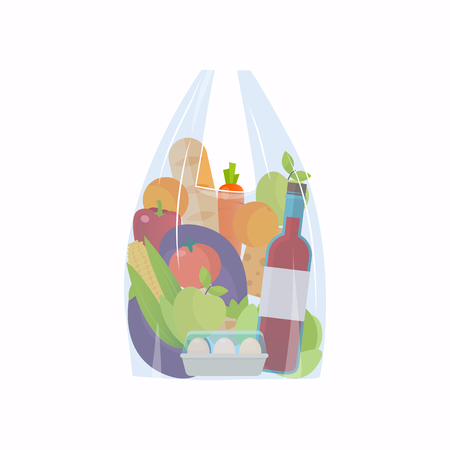 Cellophane bag with foods. Healthy organic fresh and natural food. Grocery delivery concept. Flat vector icon.のイラスト素材