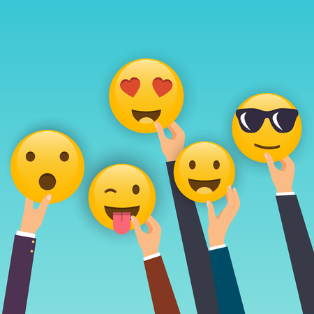 Hand holding reaction smileys, social media marketing concept.のイラスト素材