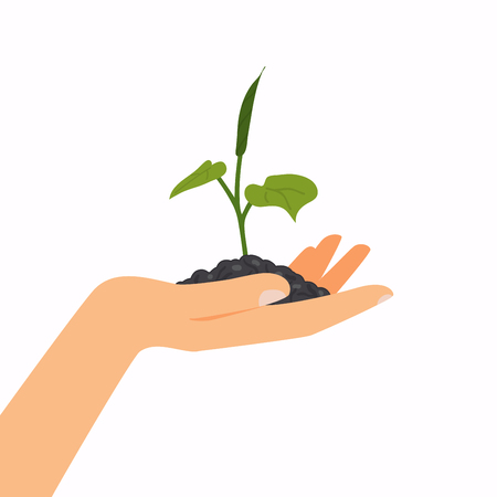 Hand holding sprout, ecology concept vector illustration flat design isolated on white background.のイラスト素材