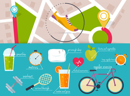 Concept of healthy lifestyle infographics. Icons for web, fitness, food and metrics flat design vector illustration.のイラスト素材
