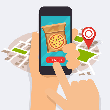 Hand holding mobile smart phone with delivery food app. Order food online. Vector modern flat creative info graphics design on application.のイラスト素材