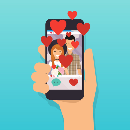 Phone with social media app. Love button. Social Network Vector Concept. Communication Systems and Technologies.のイラスト素材