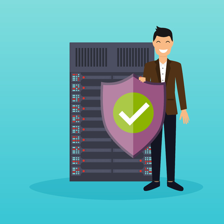 Man with protection shield on a server background. Trendy flat icon. Protection concept of digital and technological. Flat design modern vector illustration concept. のイラスト素材