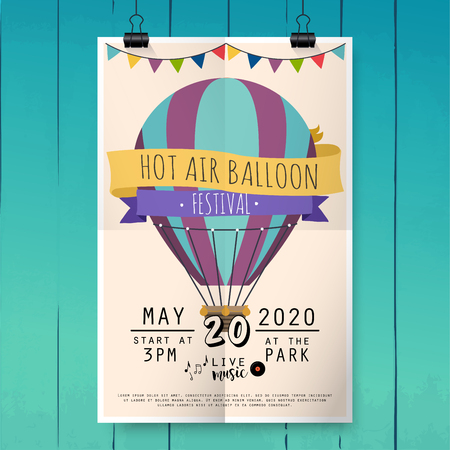 Hot air balloon festival. Festival poster or flyer template. Flat vector illustration.のイラスト素材