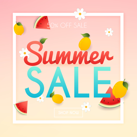 Summer Sale Banner. Poster, Flyer, Vector. Slices of watermelon and lemon on a background.のイラスト素材