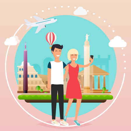 Young couple taking a selfie on a vacation. Cartoon man and woman. Concept of friendship and fun with new trends and technology. Vector people.のイラスト素材