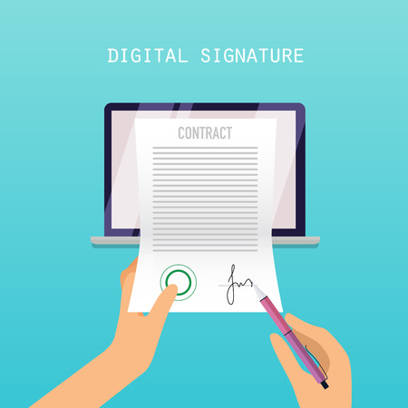 Digital signature concept. Online Contract on Screen. Flat vector illustration.のイラスト素材