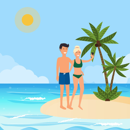 Young couple taking a selfie on a vacation. Cartoon man and woman. Concept of friendship and fun with new trends and technology. Vector people.のイラスト素材