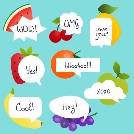 Fruits with speech bubble set in flat design with short messages.のイラスト素材