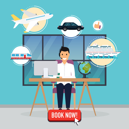 Travel agency concept. Man sitting at the table in the office. Vacation booking airplane, cruise liner, train, auto. Flat design modern vector illustration concept.のイラスト素材