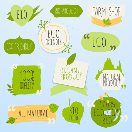 Collection of green labels and badges for organic, natural, bio and eco friendly products. Vintage vector,green colors.のイラスト素材