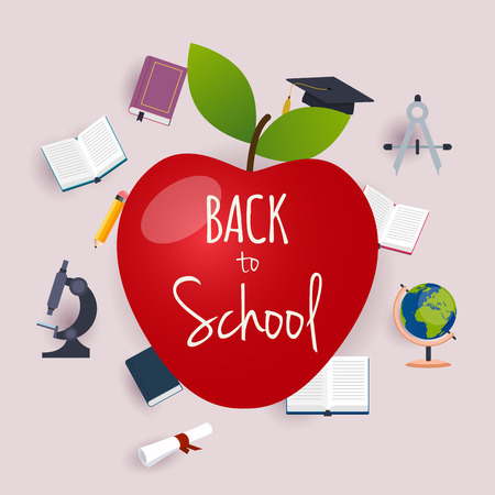 Back to school illustration with apple and books on the background. Flat design modern vector illustration concept.のイラスト素材